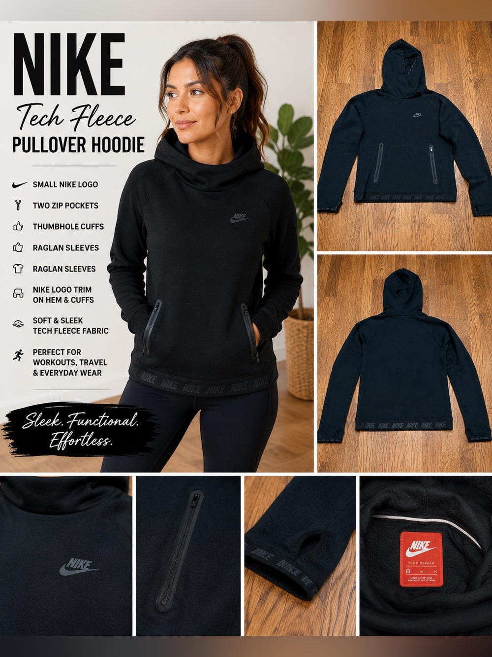 Nike Tech Fleece‎ Black Pullover Hoodie Zip Pockets Sweatshirt Size Medium